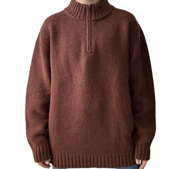 LL Bean Mens Orange Rust 100% Shetland Wool Quarter Zip Henley Sweater Sz L - Picture 1 of 9